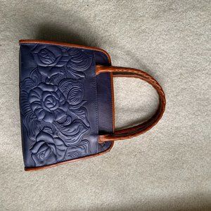 Patricia Nash Navy Paris Rose Tooled Small Satchel/Crossbody